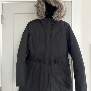 The North Face Black Women’s Belted Puffer Coat with Fur Hood